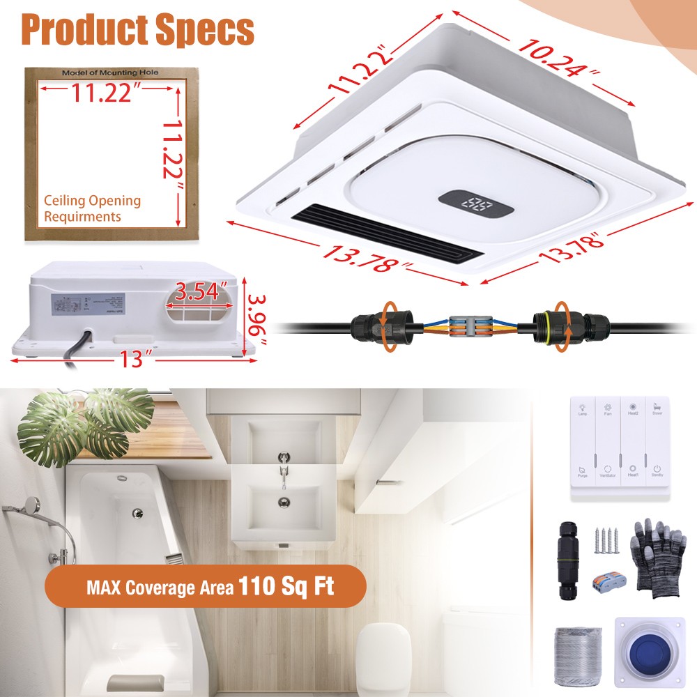 4-in-1 Bathroom Exhaust Fan with Bluetooth Speaker 1800W Dual Heater 180 CFM