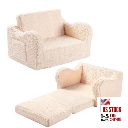 Kids Sofa, 2-in-1 Flip-Out Foam Couch with Soft Sherpa Cover, Cozy Medium Cream
