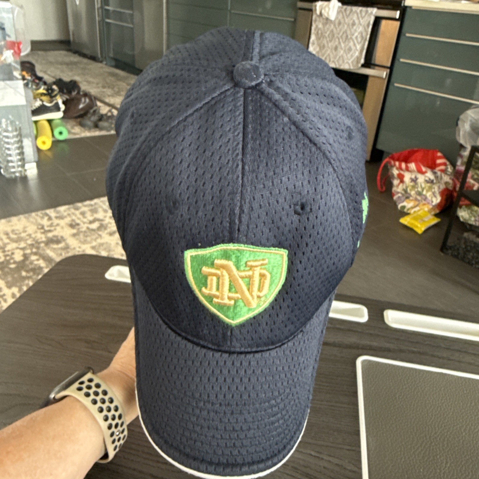 Notre Dame ND Gold Letters on Green Shield on Navy Adidas Hat Cap Hook Loop