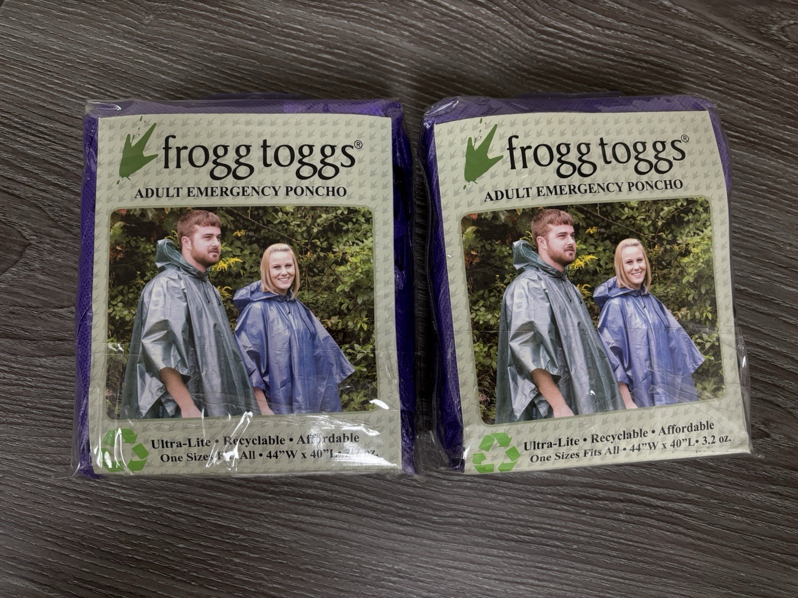 2 X Frogg Toggs Adult Emergency Poncho Purple One Size Fits All 44"W x 40"L  NWT