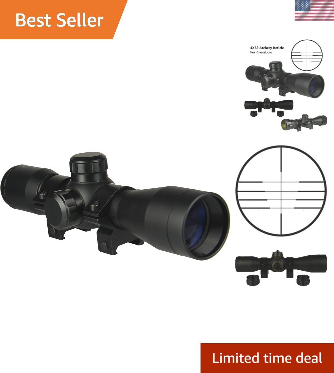 4x32 Compact Hunting Crossbow Archery Scope, Multiple Range Reticle, 1" Tube ...
