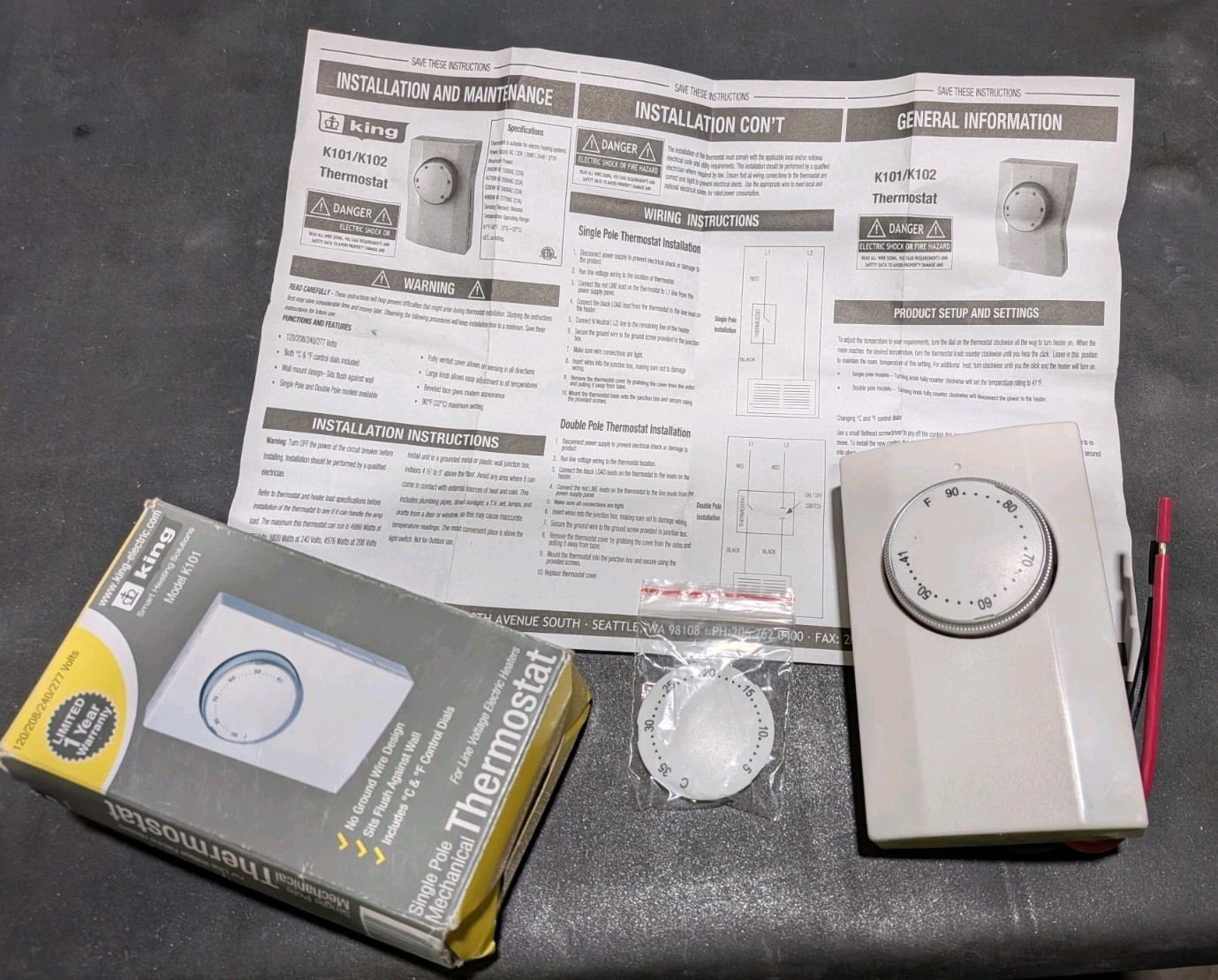 King K101 Line Voltage Single Pole Dial Thermostat White 120/208/240V 2-Wire