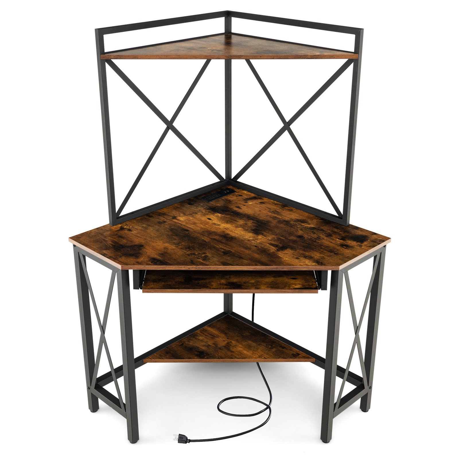 Corner Desk Space-Saving Computer Desk w/ Shelves & Keyboard Tray Rustic Brown