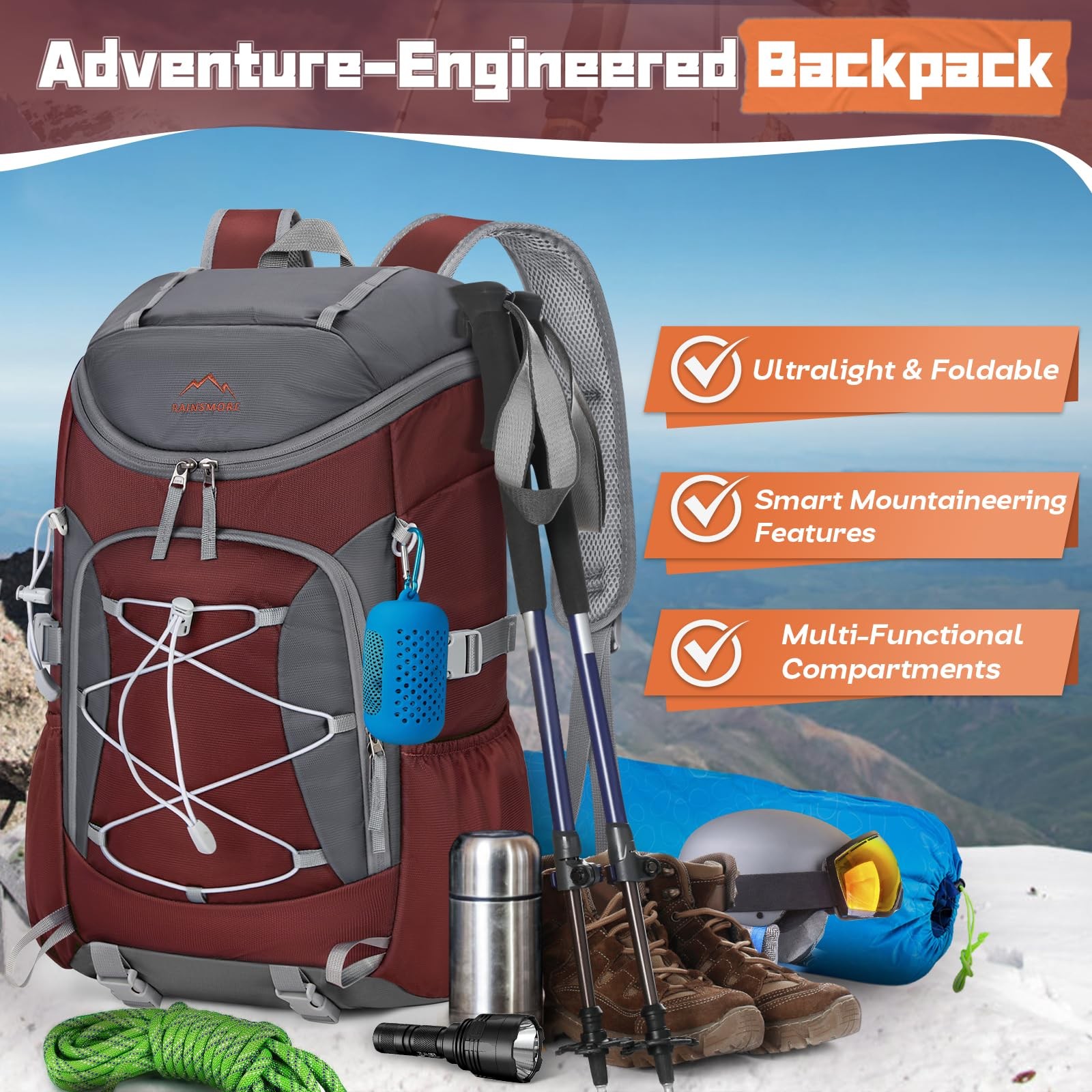 Foldable Hiking Backpack 40L Packable Camping Waterproof Daypack Red Bag