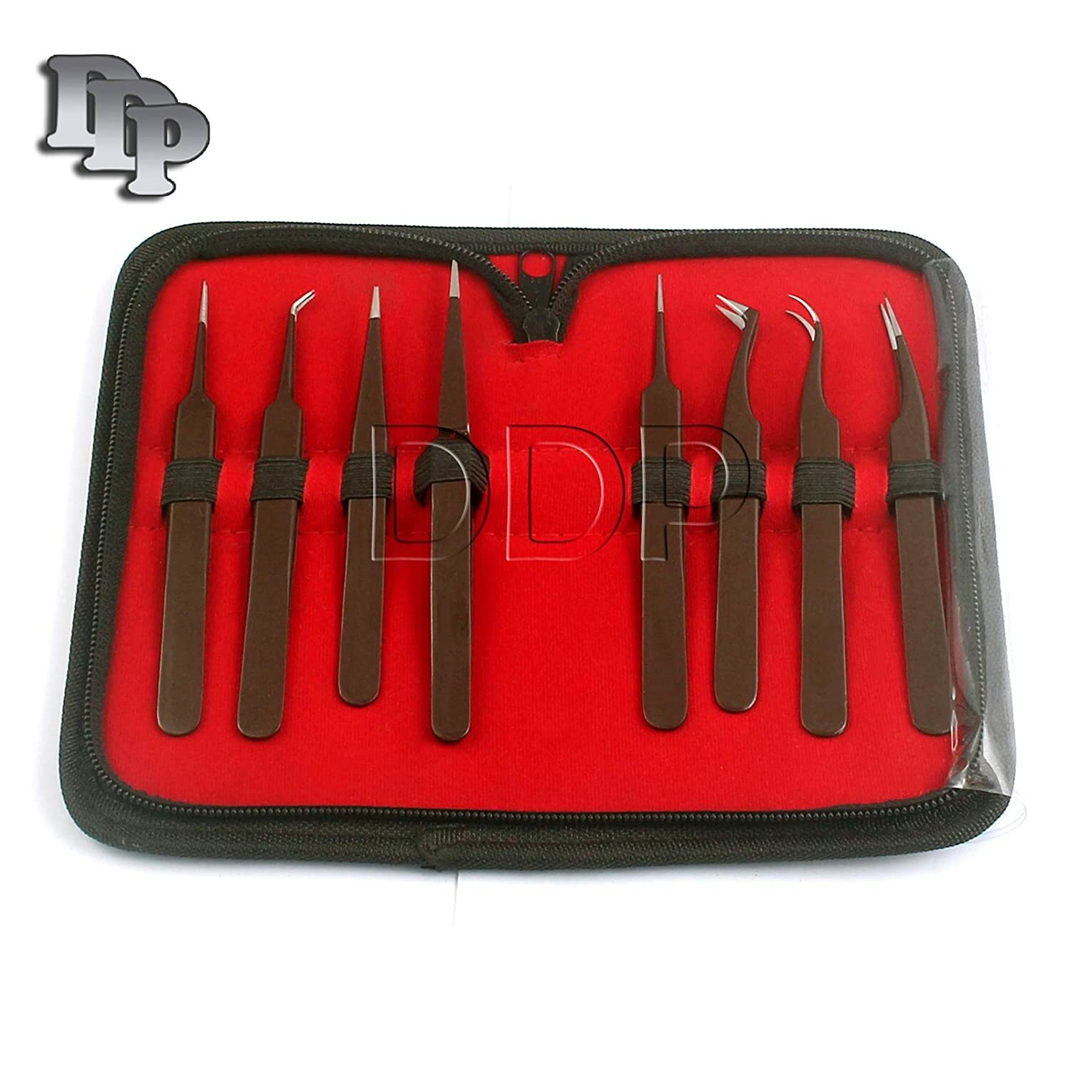 Set Of 8 Pieces Stainless Steel Dark Brown Color Eyelash Extension Tweezers