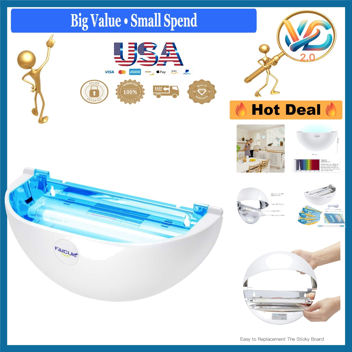 Blue Wall Sconce Fly Light Trap for Mosquitoes, Flies, Moths, Gnat 12"