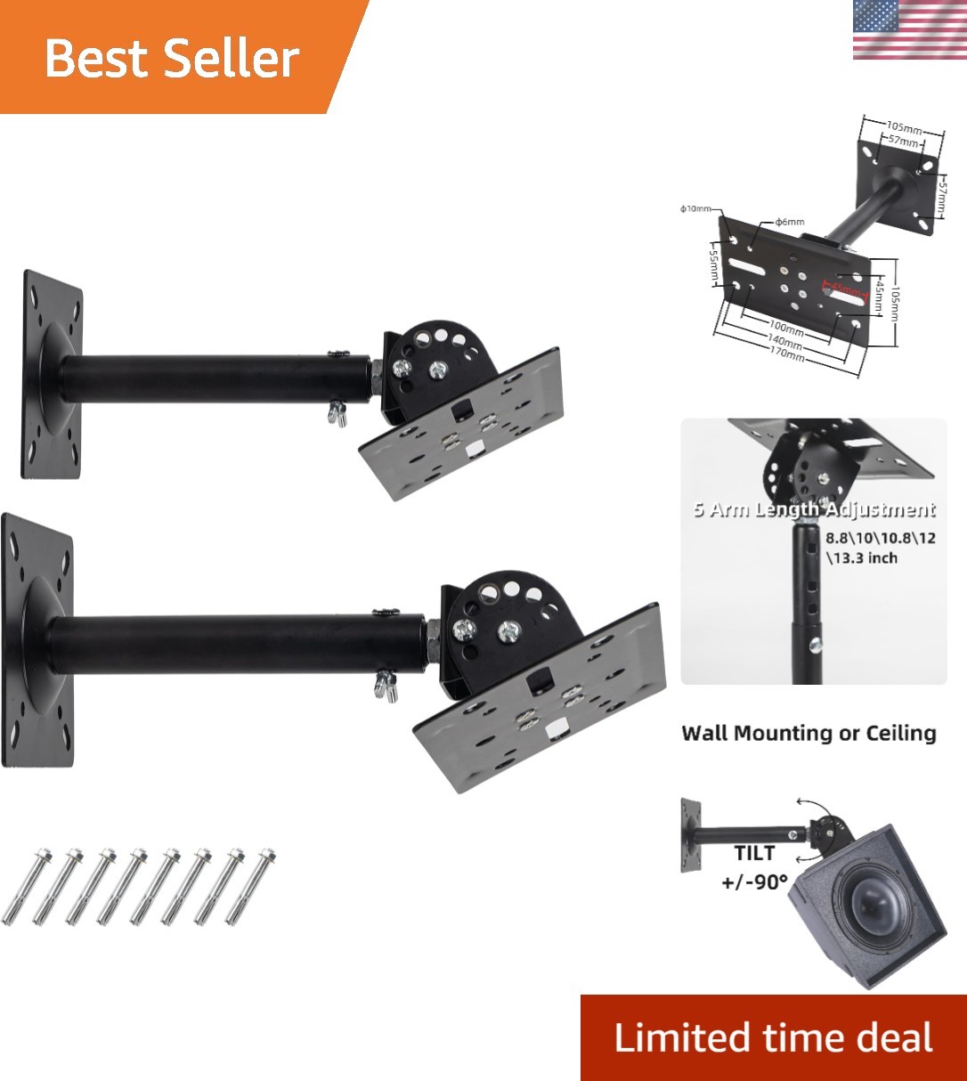 Universal Speaker Wall Ceiling Mounts Support up to 80lb, Heavy Duty Dual Bla...