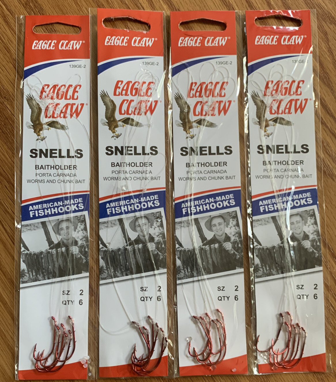 4 Packs Eagle Claw Red Baitholder Snells Size 2