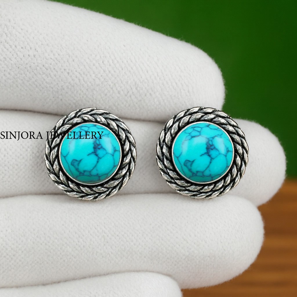 Turquoise Gemstone 925 Sterling Silver Handmade Jewelry Stud Earrings