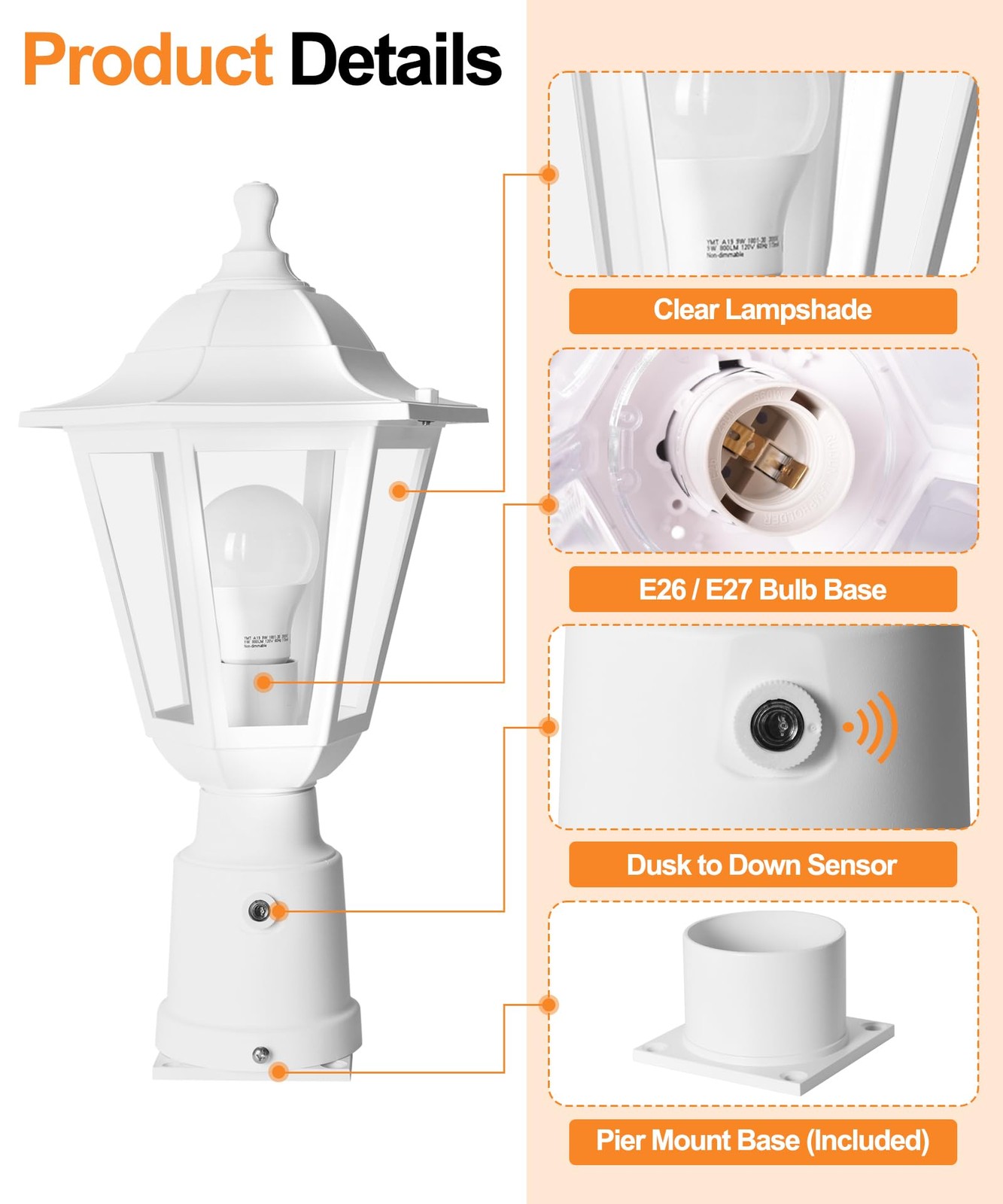 FUDESY Dusk to Dawn Outdoor Post Light, White Sensor,