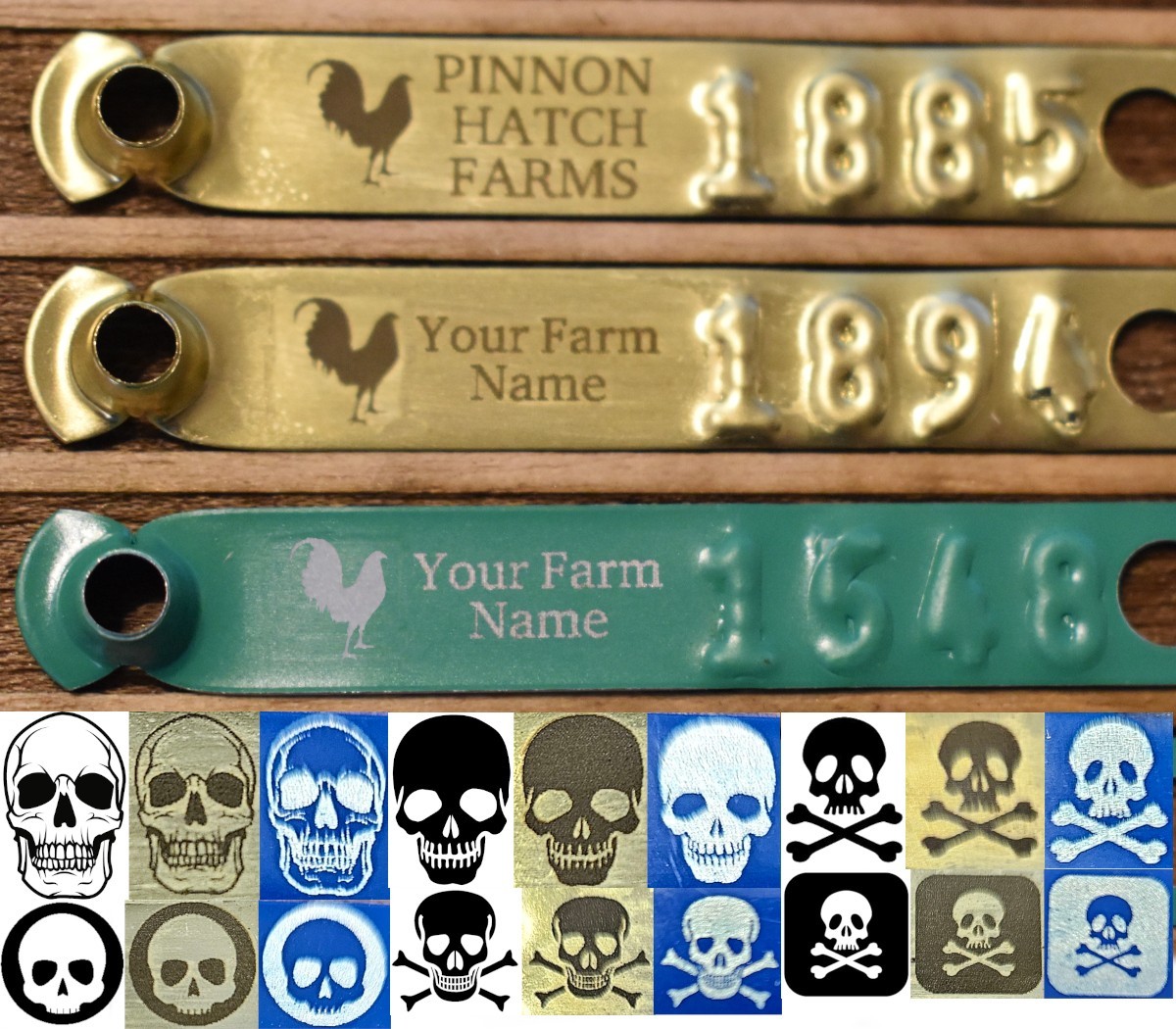 100pk Customized Laser Engraved Leg Bands ID Tags w/ Text & Skull Artwork