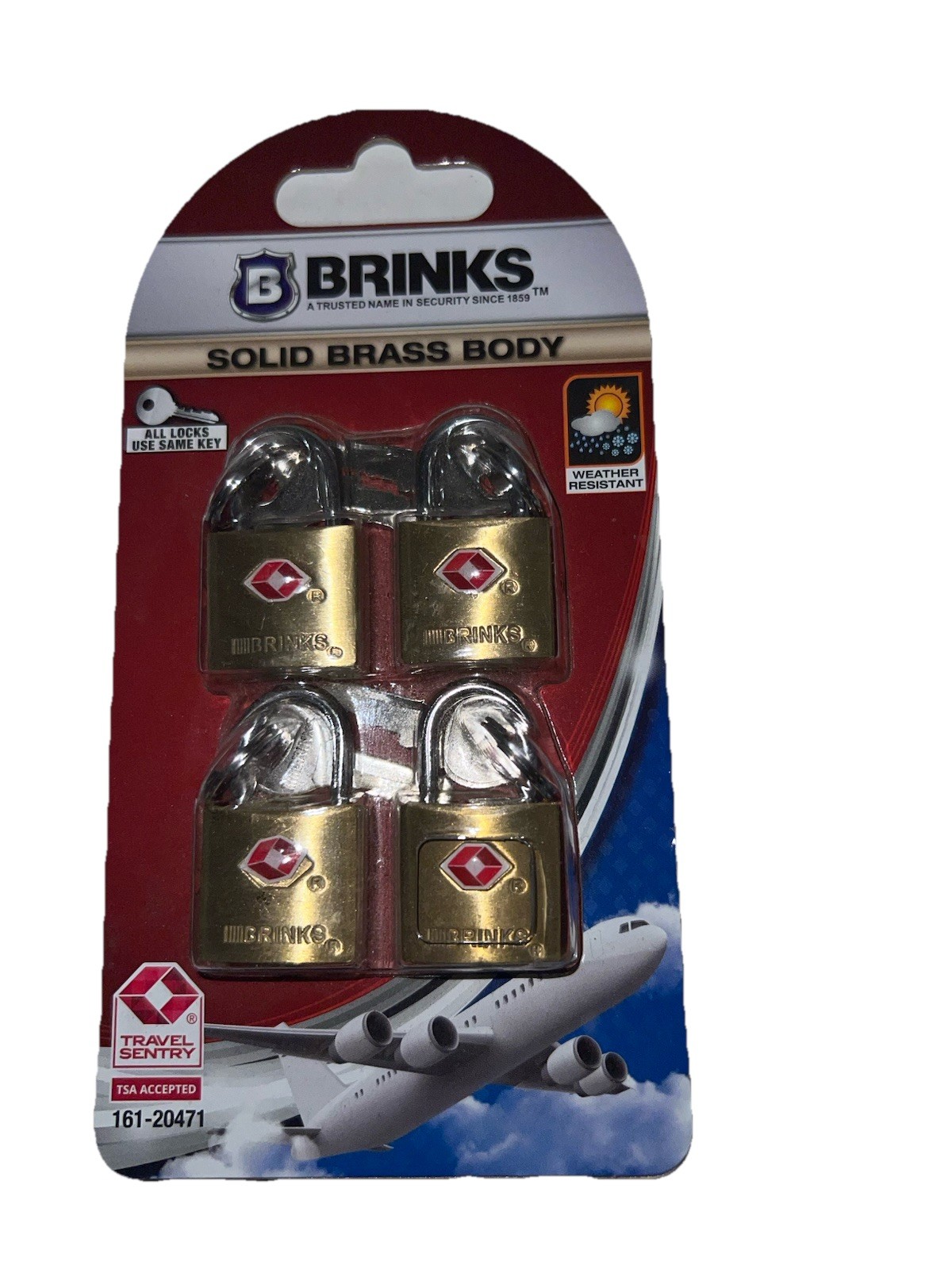 Brinks Solid Brass Body Locks. 4 Pack. Water Resistant. TSA Accepted.