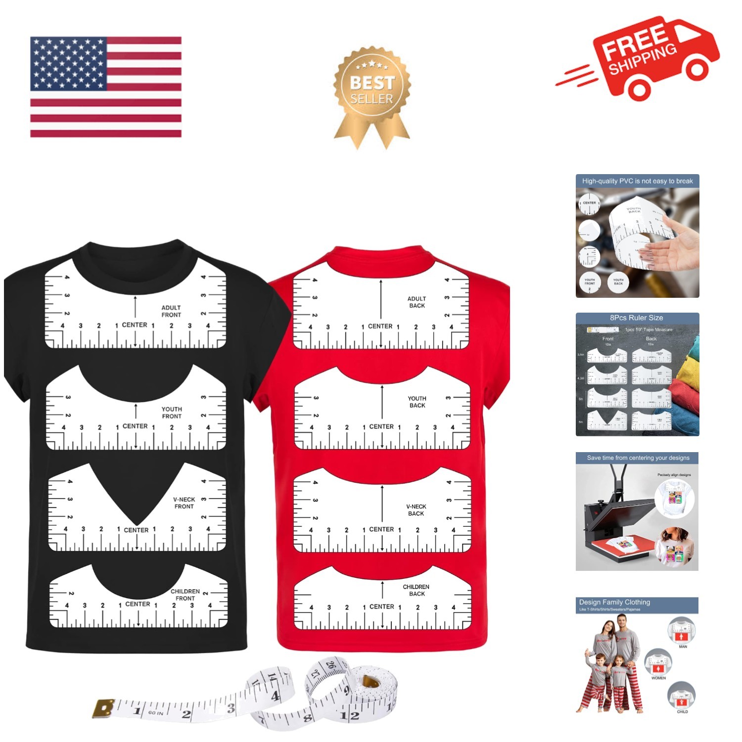 9Pcs Tshirt-Ruler Guide to Center Vinyl, Transparent V-Neck/Round PVC Ruler f...