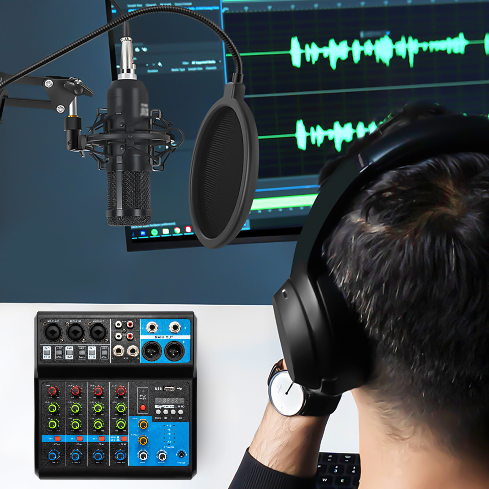 5Channel Mixing Console Live Studio Audio DJ Mixer Sound Board USB Interface New