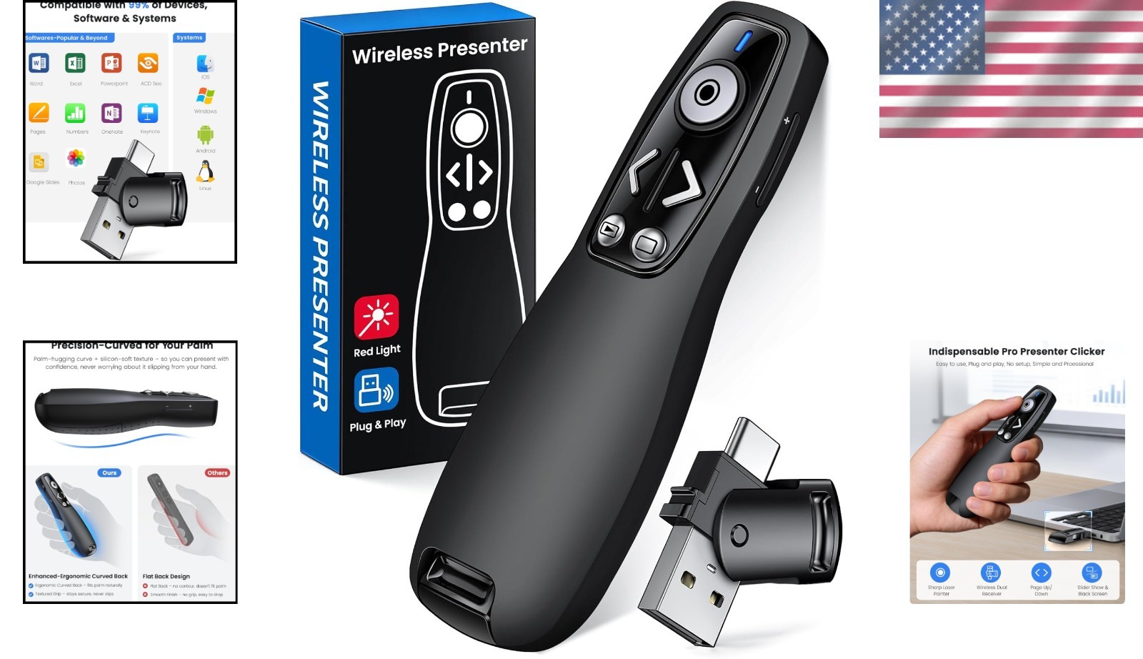 Plug & Play 2.4GHz Presentation Clicker with Volume Control & Red Light Pointer