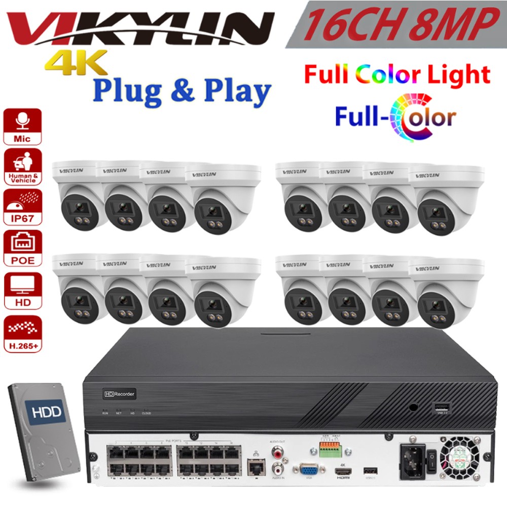 Vikylin 16CH 16CH NVR Full Color 4K 8MP POE IP Camera MIC Motion Detection Lot