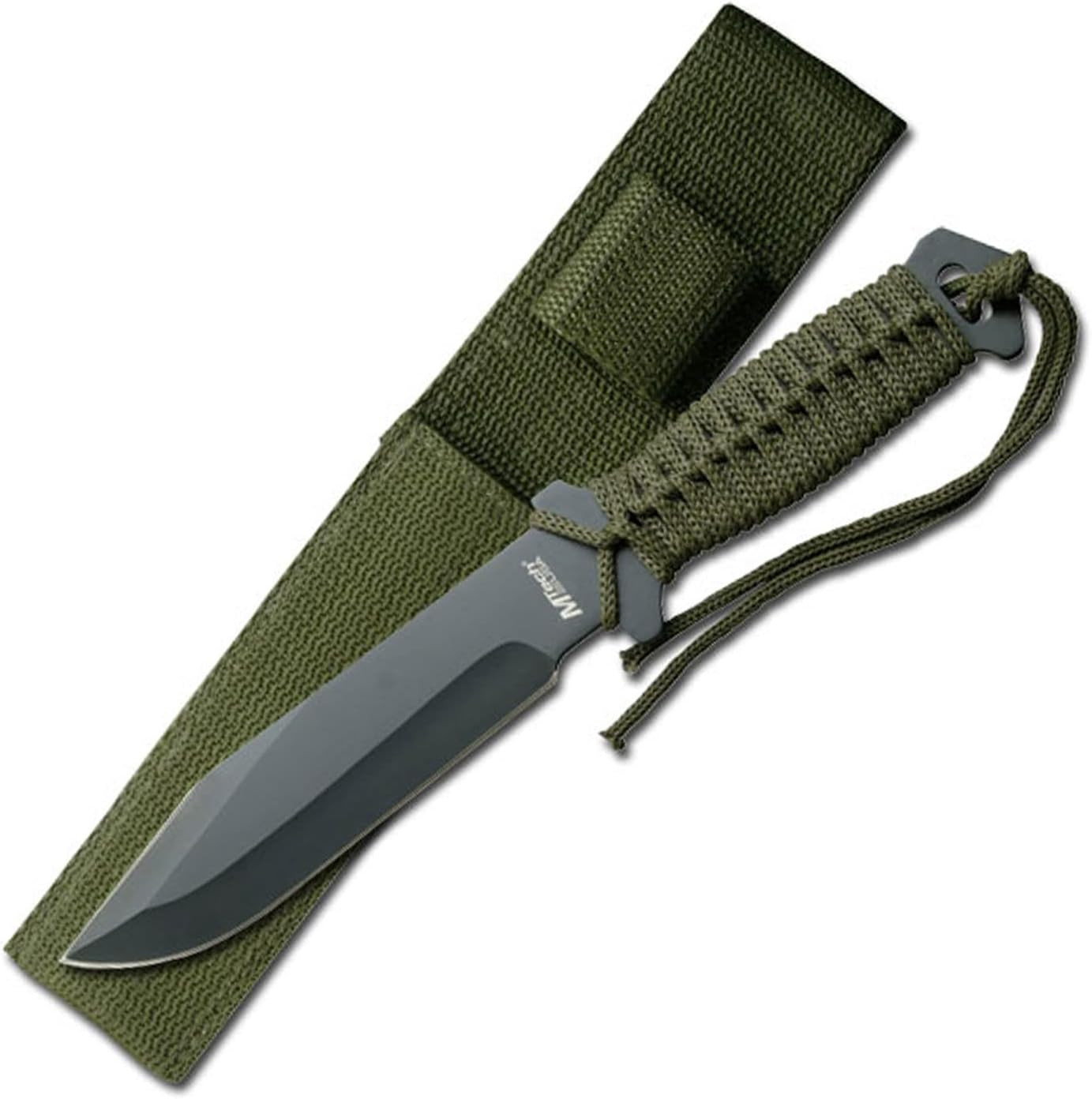 – Fixed Blade Knife –Black Stainless Steel Blade, Green Cord Wrapped Handle, Ful