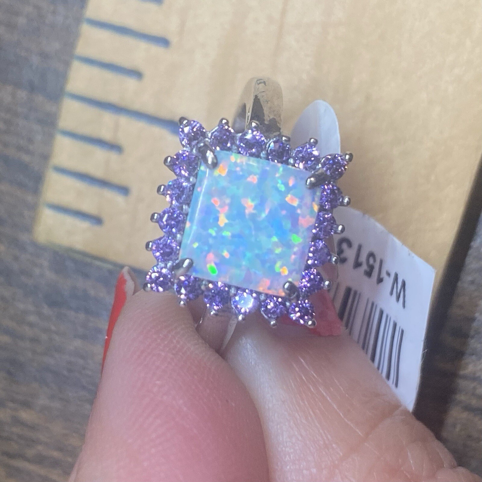 Sterling Silver Created Opal And Amethyst CZ Ring Rhodium Plated