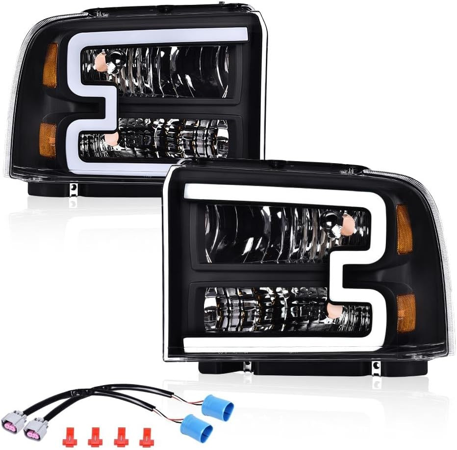 LED DRL Headlights Fit 05-07 Ford F250 F350 F450 F550 Excursion Black Amber