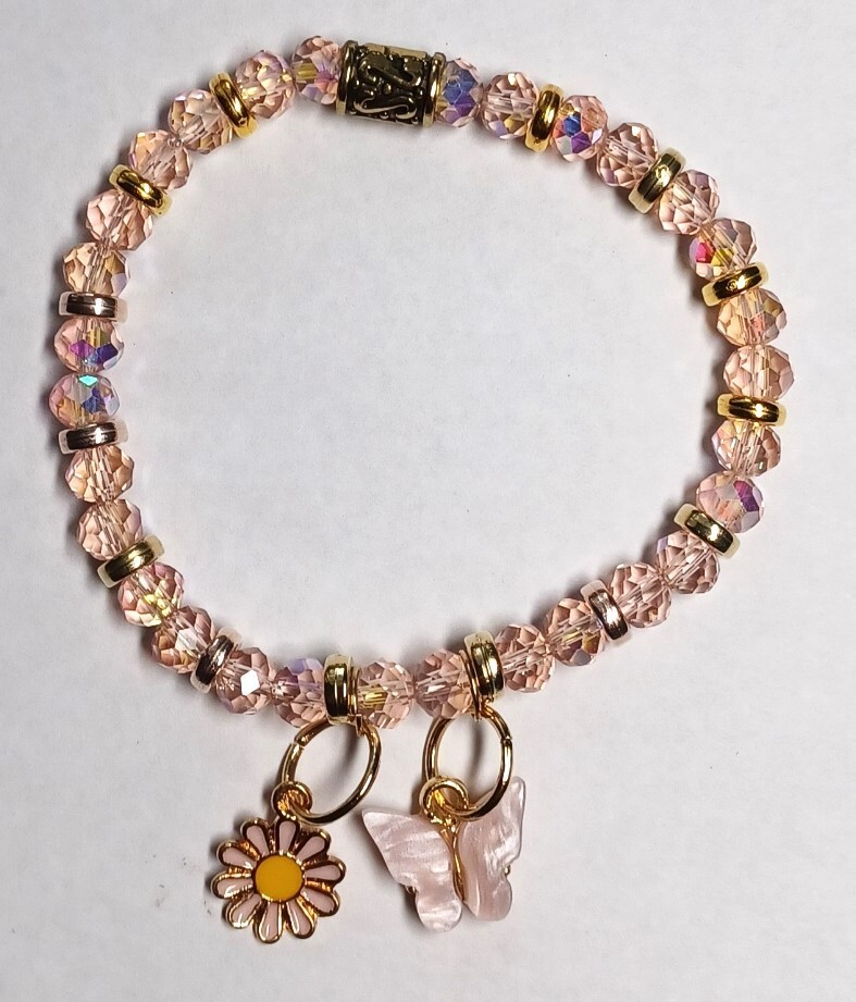 Butterfly Charm Pink Multi-Faceted Beaded Bracelet