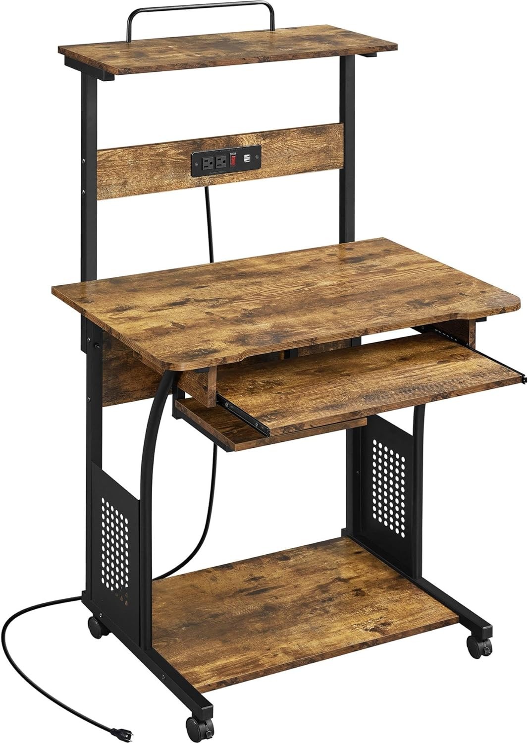 Topeak 3-Tier Rolling Desk with Power Outlet USB Ports Rustic Brown