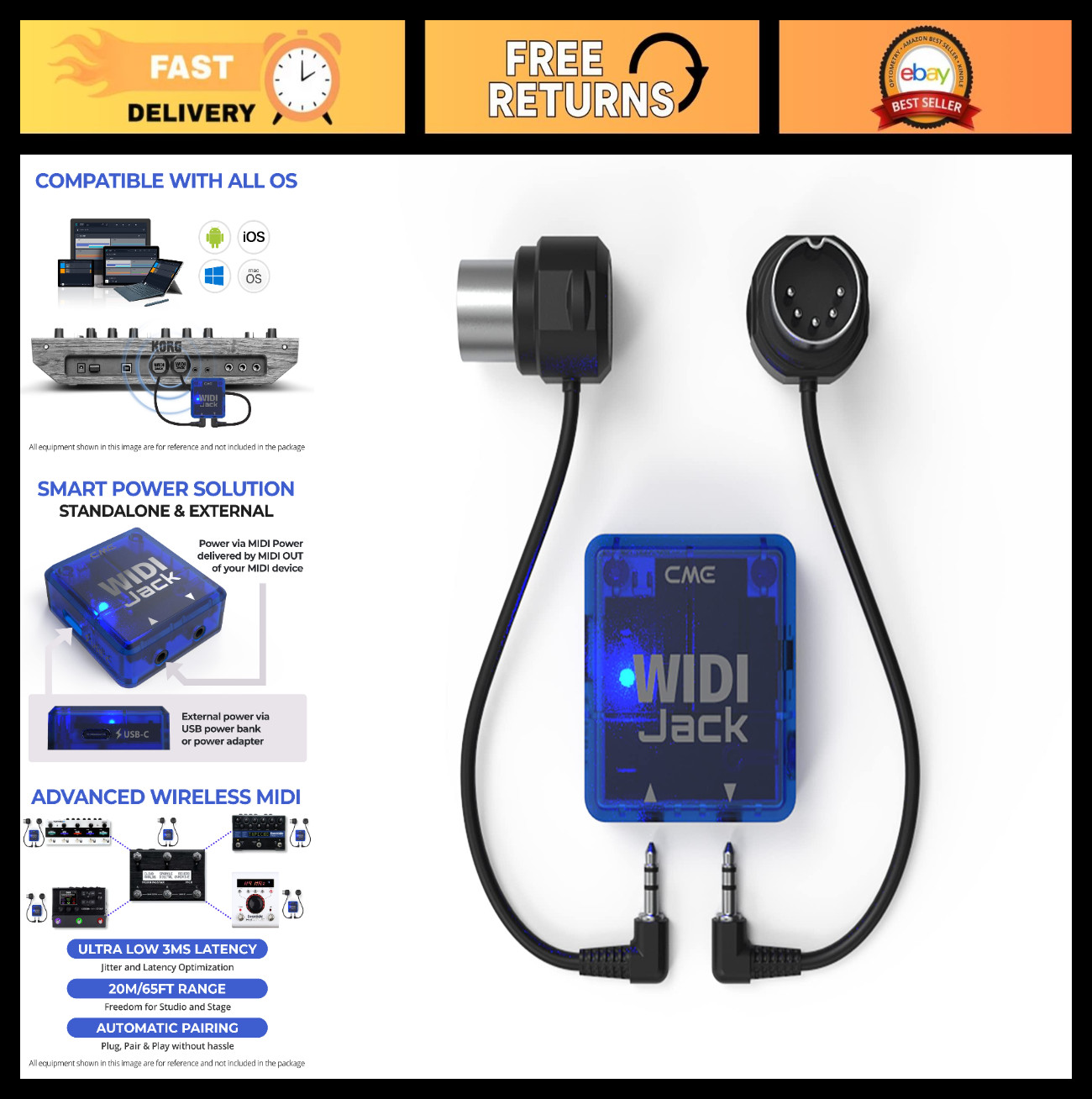 Bluetooth MIDI Adapter Pack - WIDI Jack + DIN-5 Cable - Ultra Low 3ms Latency