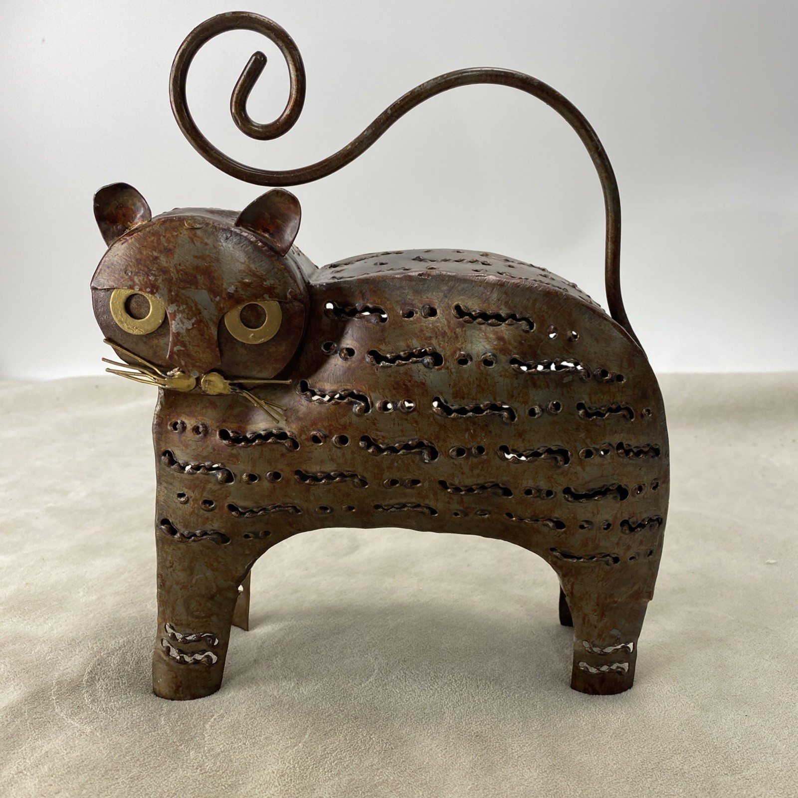 Vtg Metal Cat Candle Votive Decor Art Collectible Brutalist Sculpture Bohemian