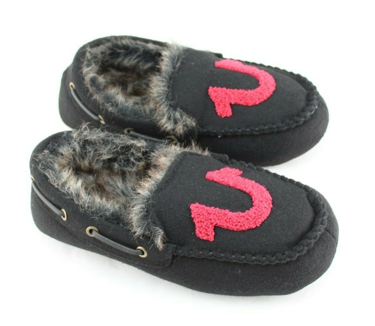 New TRUE RELIGION Size S 7-8 Black / Red Faux Fur Lined Men's Moccasins Slippers