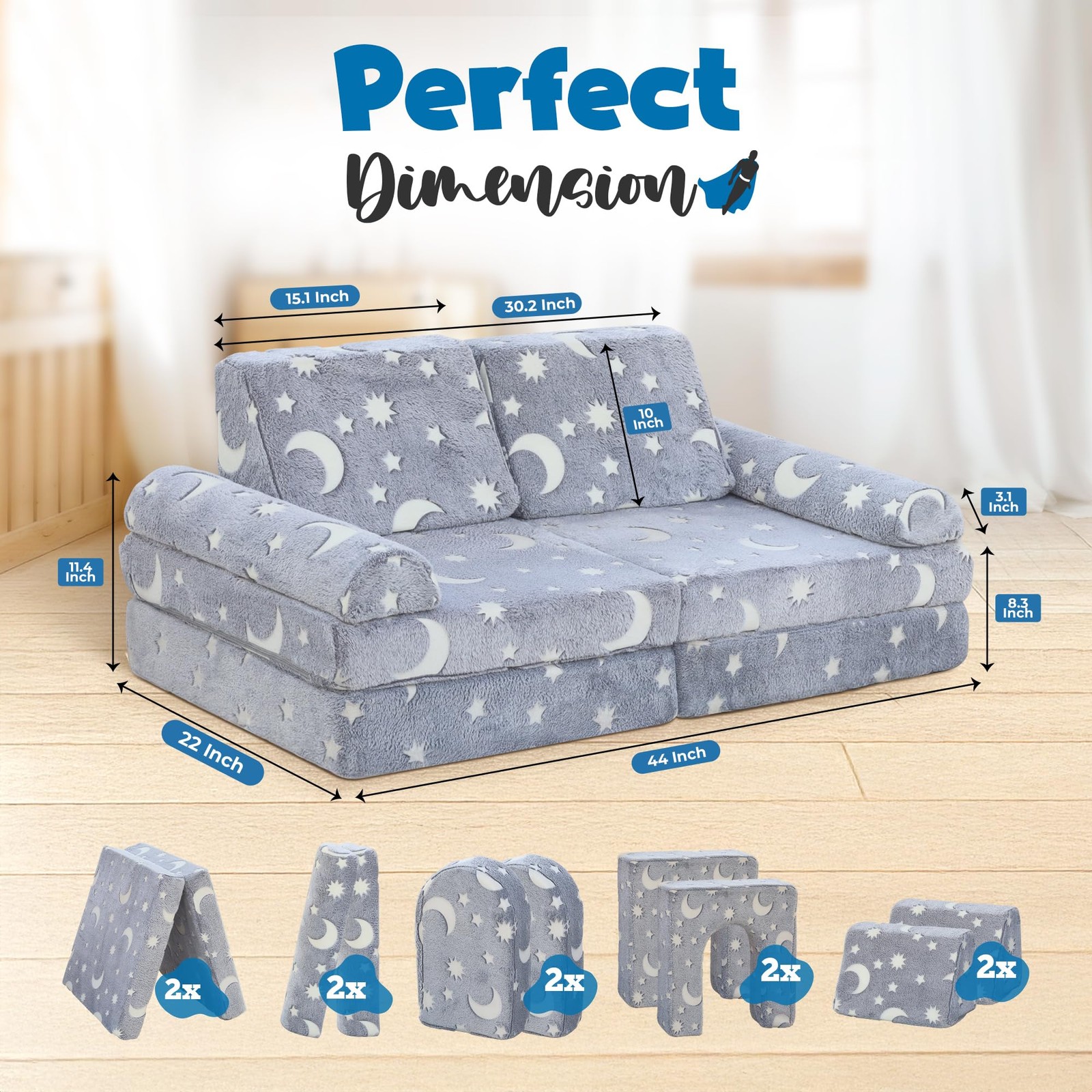 2-Seater Modular Play Couch – 10pc Glow in the Dark Creative Couch for Playro...