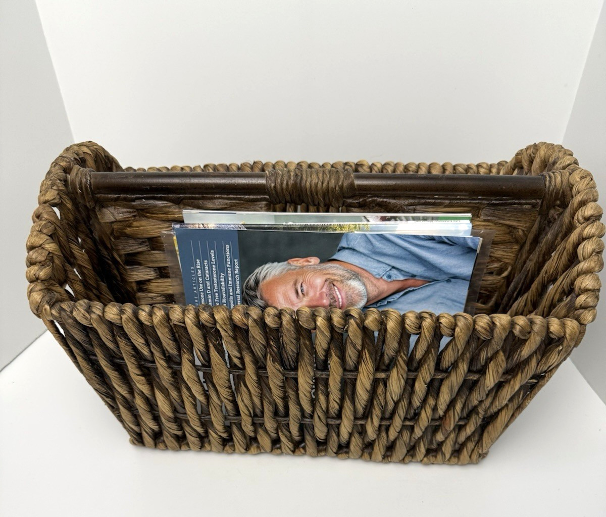 Vintage Wicker Magazine Basket Record Holder Organizer Rectangle Accent Handle