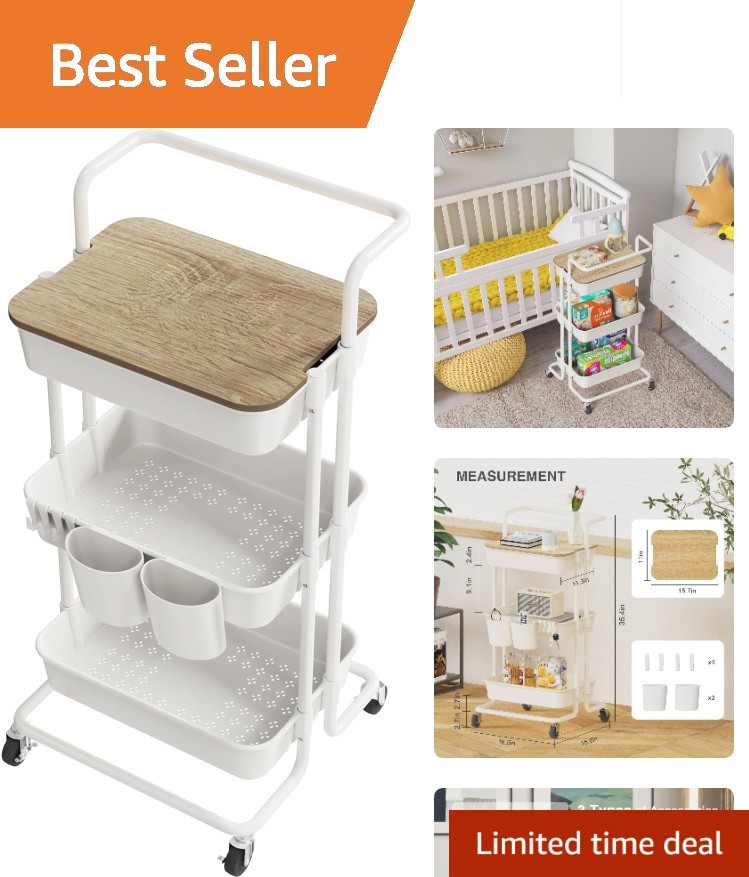 Elegant 3-Tier Movable Kitchen Cart with Waterproof Surface and Lockable Casters