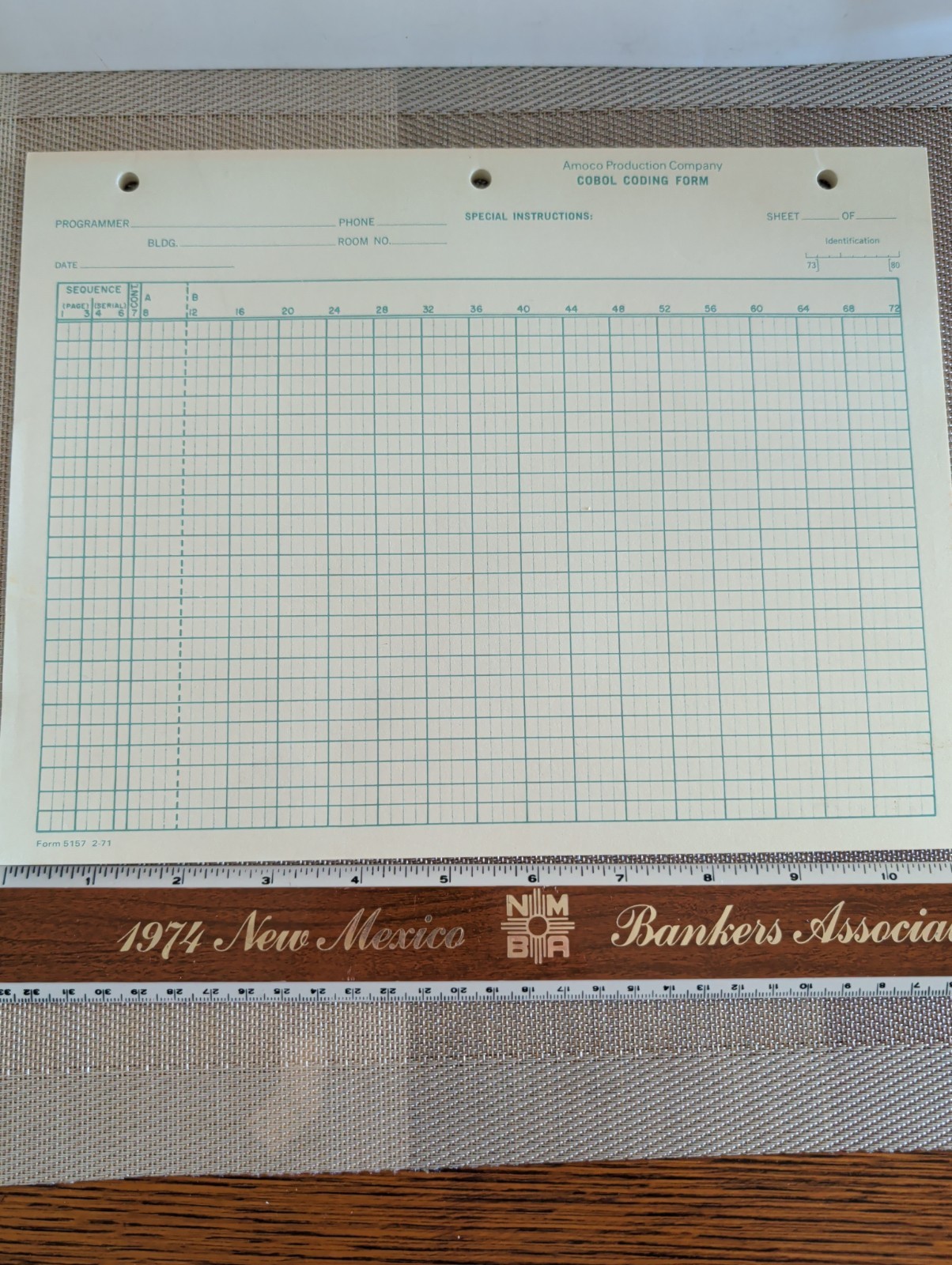 ONE (1) AMOCO Cobol Coding Form Program Sheet 1970's Form 5157 72 Columns VTG