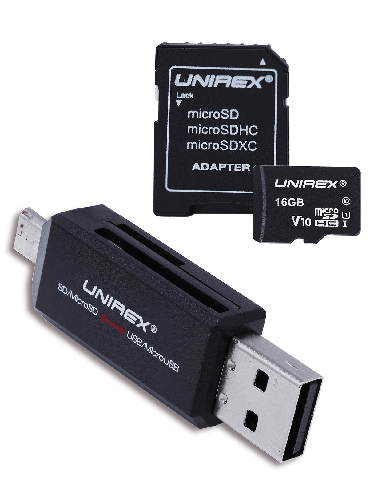 Unirex MSW-165S MicroSD Card with Full Sized Adapter and 16GB, Black 16GB