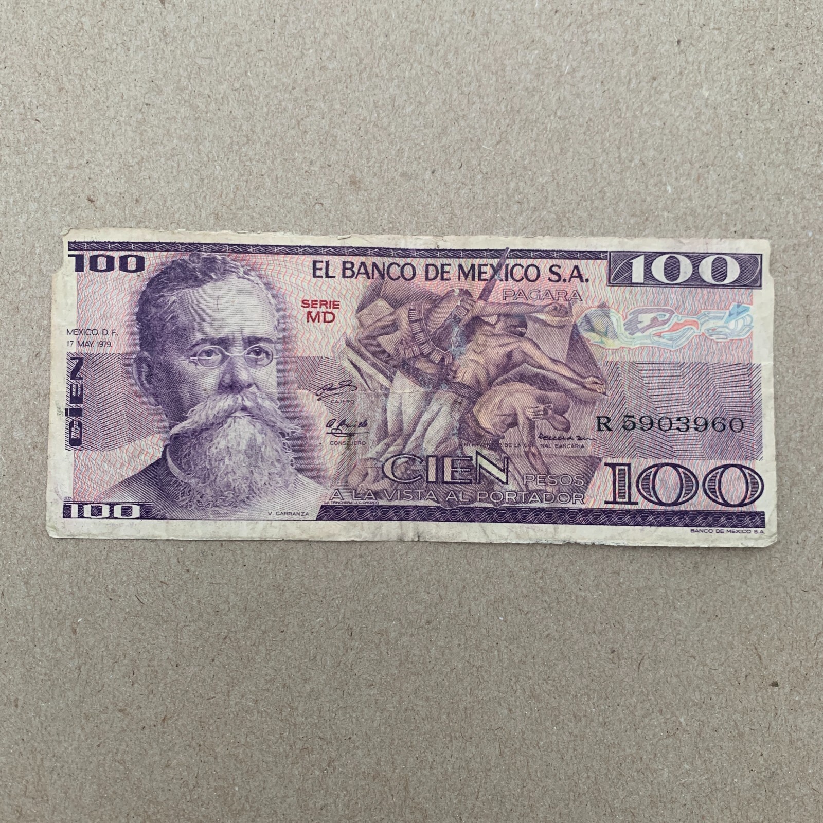 Damaged Mexican 100 Pesos Banknote. Mexico 1980's Revolution Colorful Currency