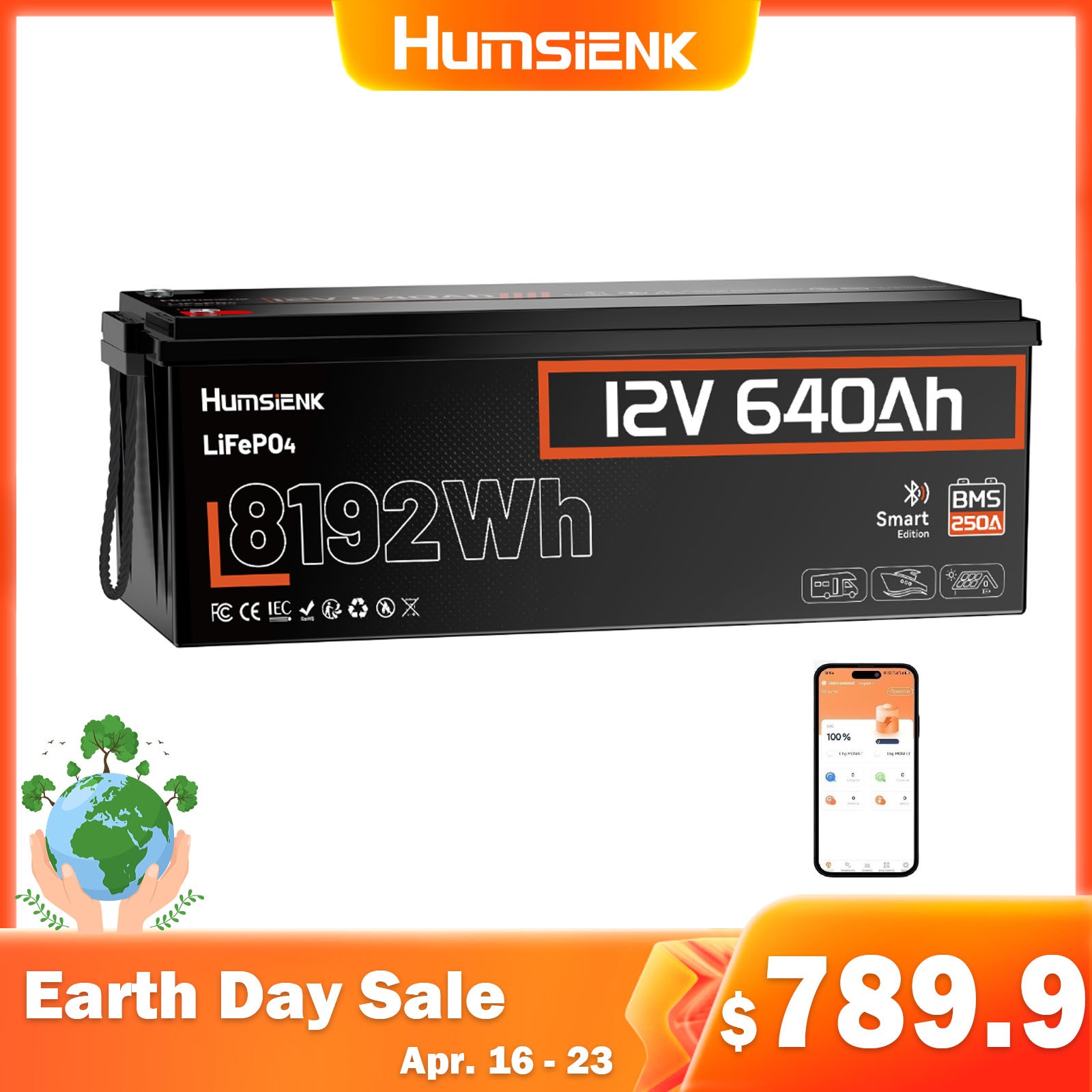 8192Wh 12V 640Ah LiFePO4 Battery 250A BMS Cycles Bluetooth Marine Solar Off Grid