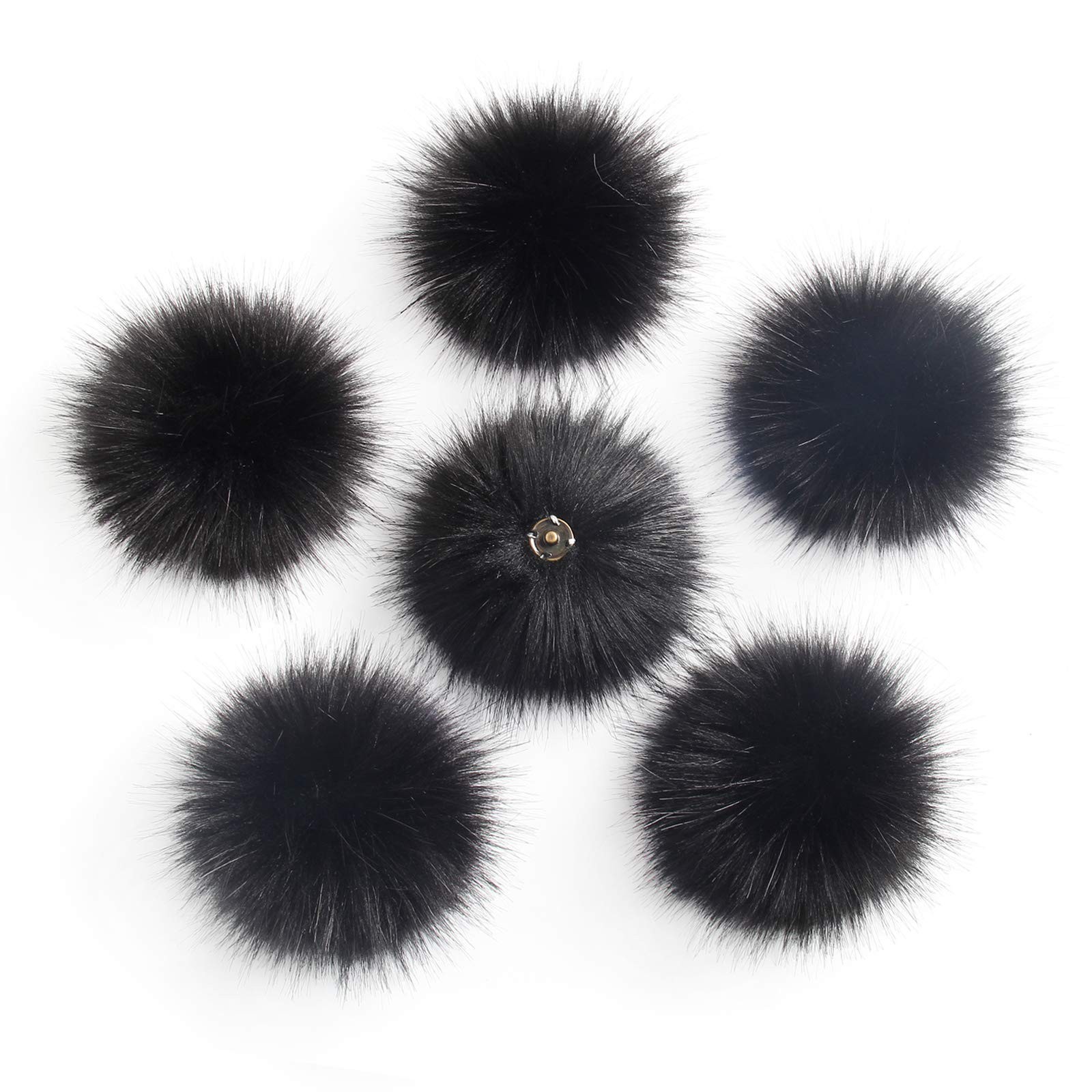 6-Pack Faux Fox Fur Pom Poms 4.3in Detachable for Hats Bags & Crafts - Black