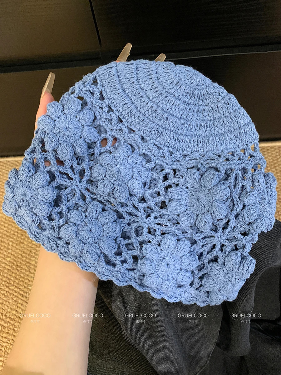 New Women Handmade Crochet Slouchy Beanie Knit Hat Elegant Flower Hollow Out Bre
