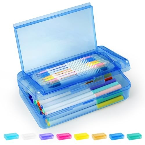 Double Layer Pencil Box, Large Hard Pencil Case Organizer, Clear Plastic Blue