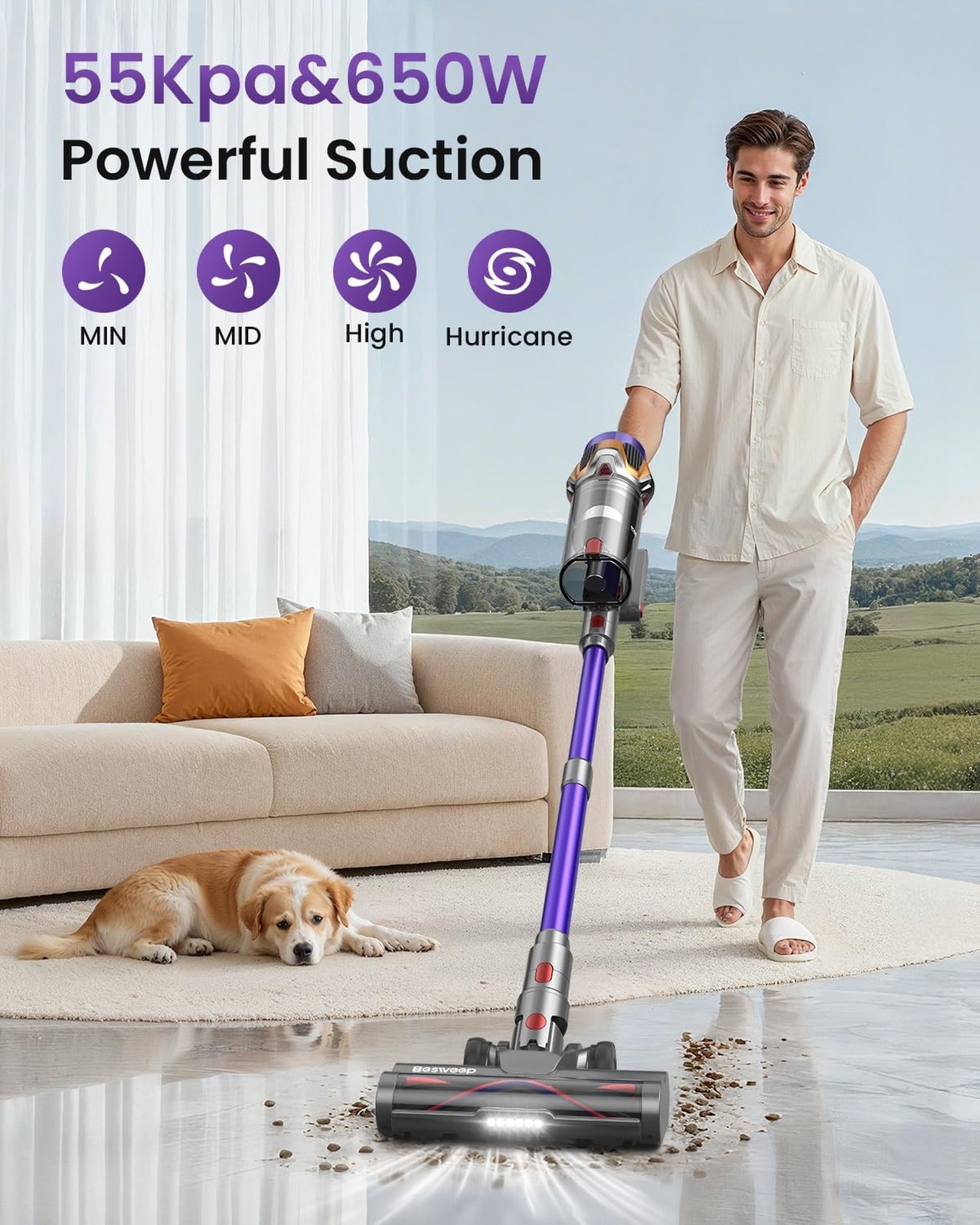 Cordless Vacuum Cleaner 55Kpa/650W/70Mins,1.8L Self Standing Stick Vacuum,Upg...