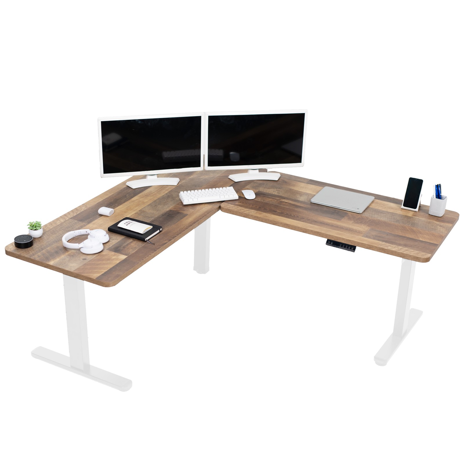 VIVO Electric Stand Up Corner Desk, Reclaimed Wood Table Tops, White Frame