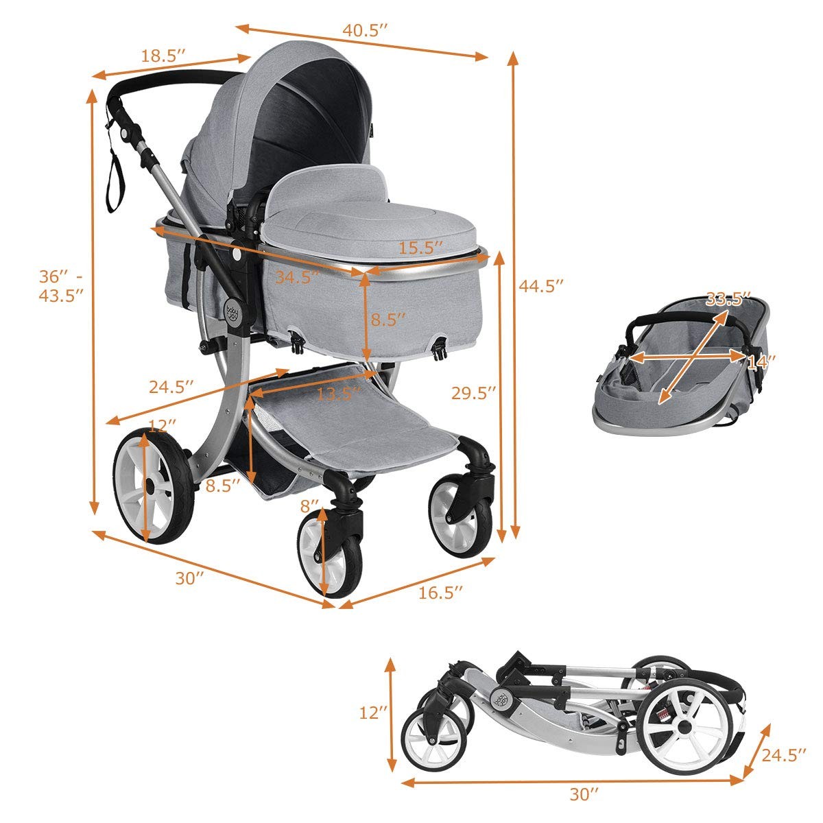 Convertible Baby Stroller with Adjustable Canopy & Storage - Gray