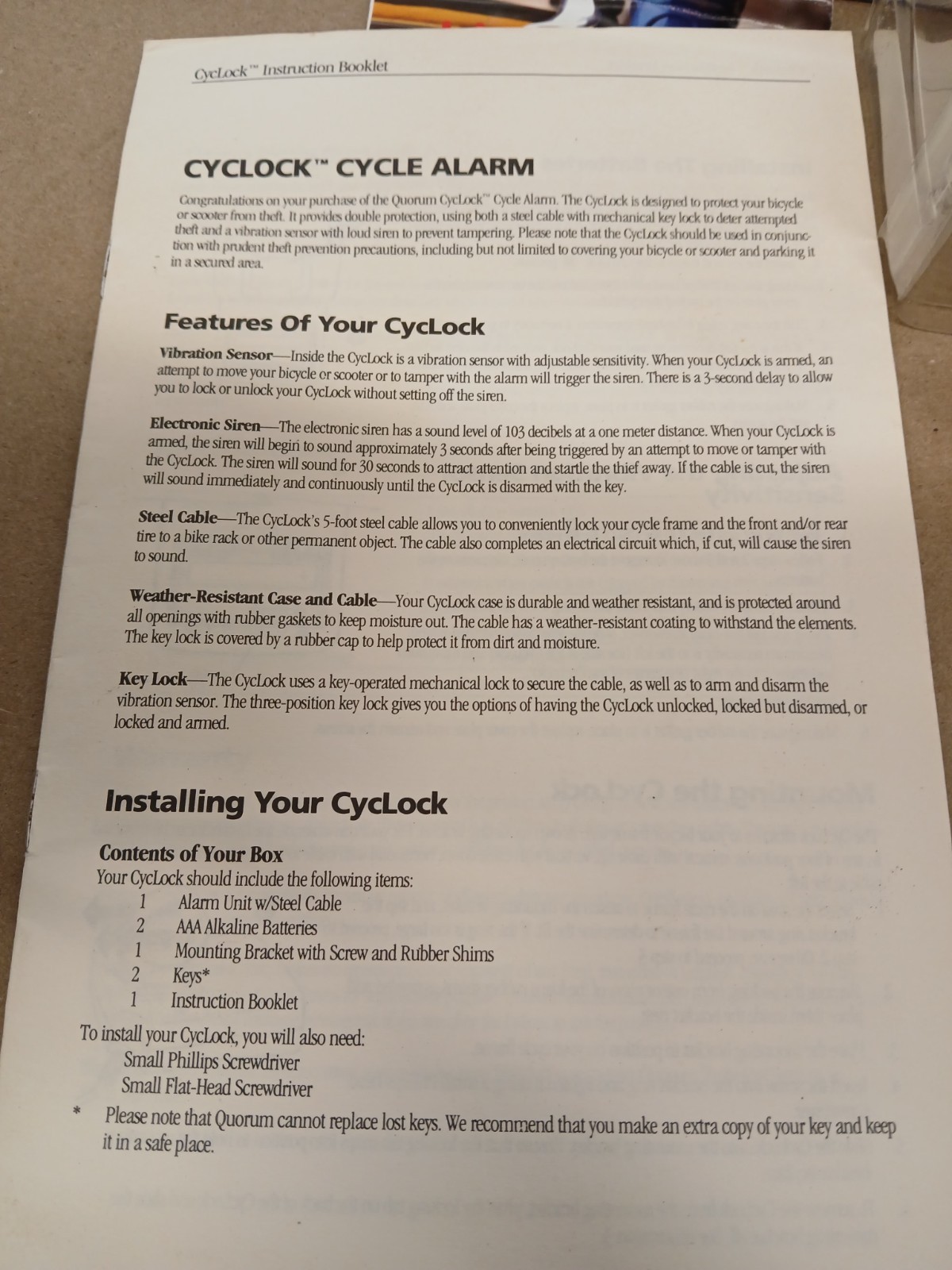 Vintage Quorum CycLock Bicycle Alarm Lock Security System Cable Lock & Box
