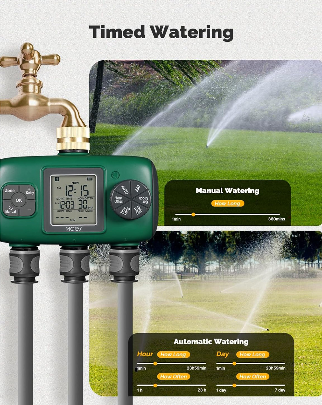 MOES 3 Outlet Sprinkler Timer, Brass Inlet, Programmable Automatic Irrigation Co