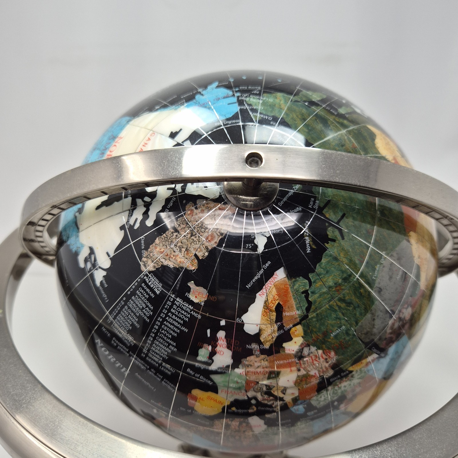 14" Black Ocean Silver 3- Leg Table Stand Gem Gemstone World MAP & Compass Globe