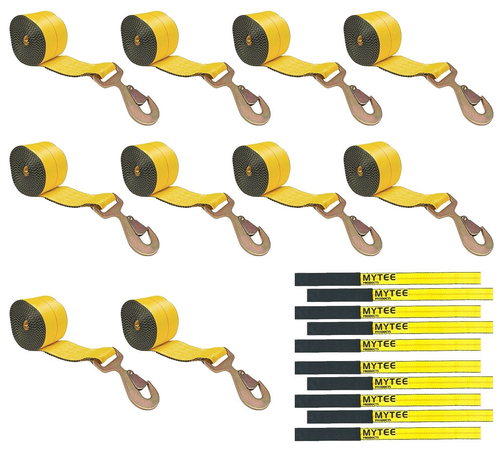 10Pk 2"x27'Winch Strap w/Flat Snap Hook & 10PK Cordura Strap Protector 3333lbs