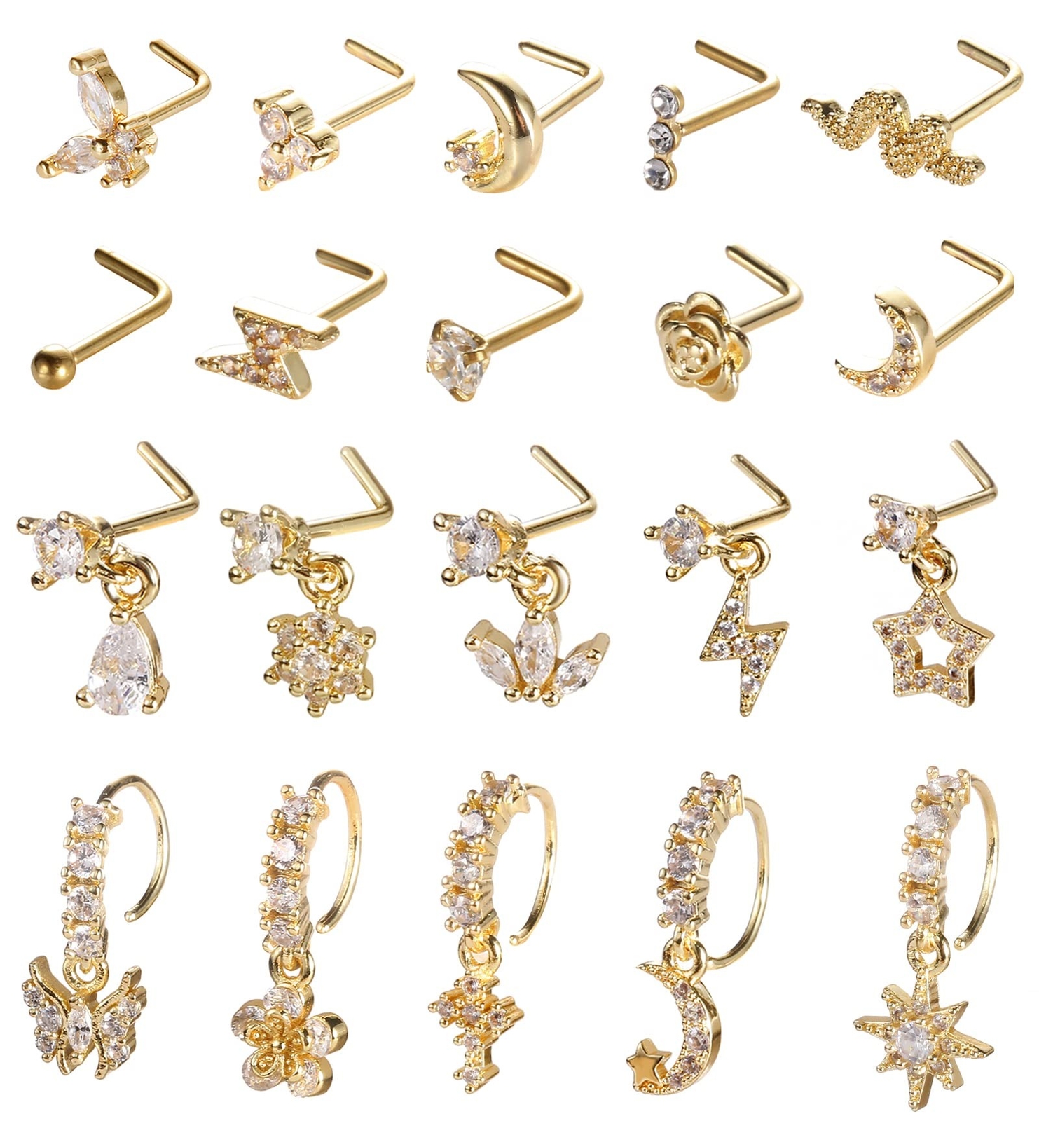 20Pcs 20G Dangle Nose Ring L Shaped Dangling Nose Stud for Women Stainless St...