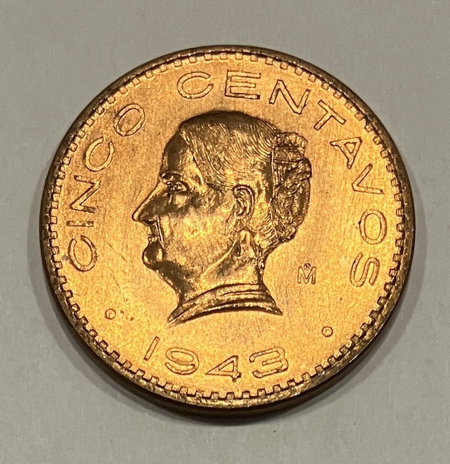1 COIN /BID    1943 MEXICO 5 CENTAVOS KM# 424 CINCO  BU GEM    F1025np
