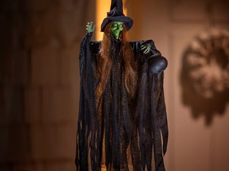 Hanging Green Witch Halloween Decoration w Cauldron Haunted House Prop 23 Inch