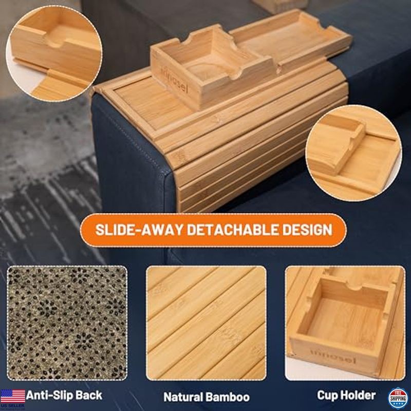 Bamboo Couch Cup Holder Tray, Foldable Anti-Slip Armrest Table for Drinks &