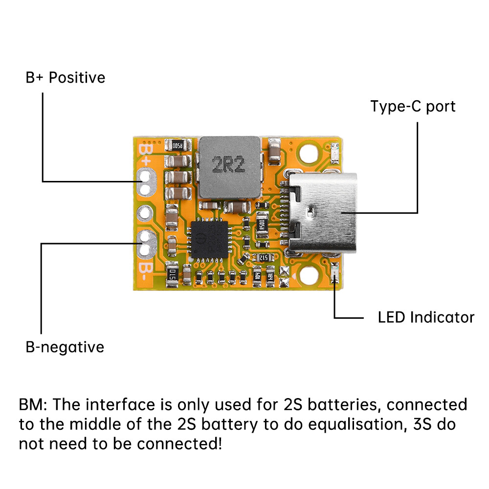 2S 3S Li-ion Battery Charging Module Type-C QC Fast Charging w/ Indicator Light